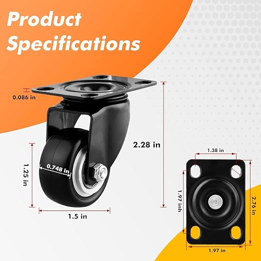 1.5" Casters Set of 16 Heavy-Duty Industrial Caster Wheels Without Brake PU - Image 3