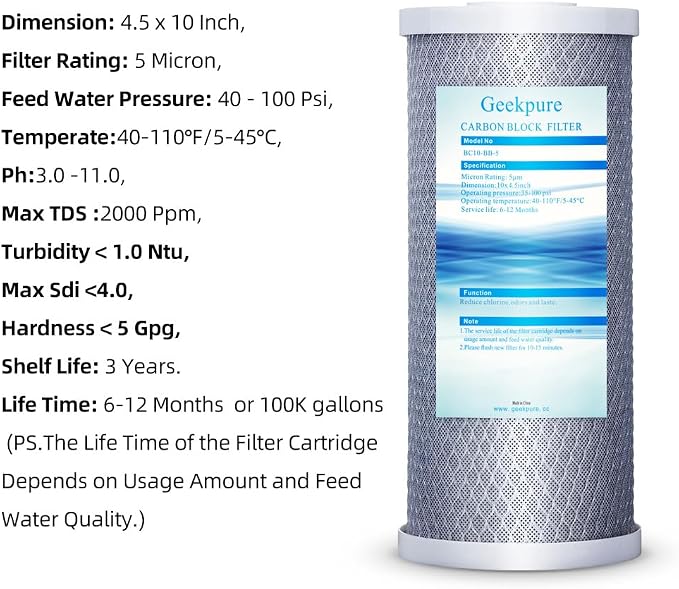 Geekpure 10 Inch Whole House Replacement Carbon Block Water Filter Cartridge - Image 4