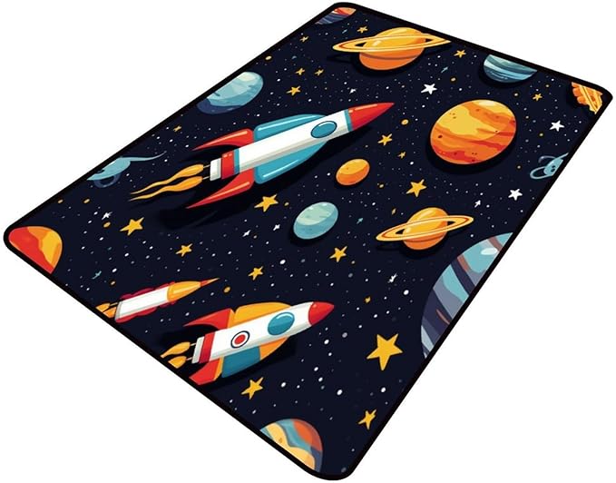 Shag Carpet, Rocket and Planet Pattern Printing Anti-Slip Backing Area Rugs by Snarena