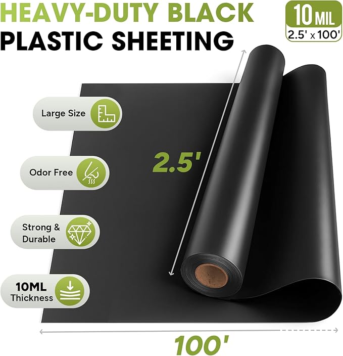 10 Mil Black Plastic Sheeting 2.5x100 FT – Heavy Duty Polyethylene Plastic Rolls - Image 4