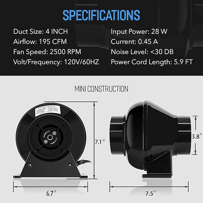iPower 4 Inch 195 CFM Inline Fan Circulation Exhaust Blower, Air Carbon Filter - Image 5