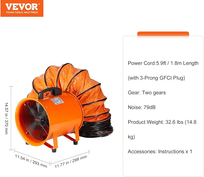 VEVOR Portable Ventilator with Hose, 2 Speed, 10 Inch Utility Blower Exhaust - Image 7