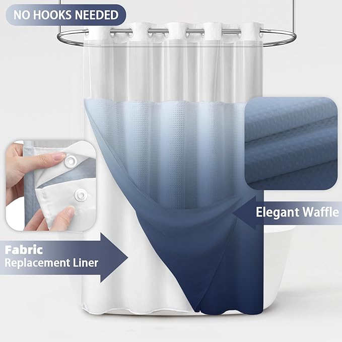 No Hook Shower Curtain and Liner Set, Ombre Blue Hotel Waffle Shower Curtain - Image 2
