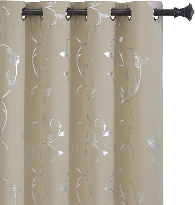 BUHUA Blackout Curtains Silver Foil Print Flower Vine Grommet Drapes, Room by BUHUA