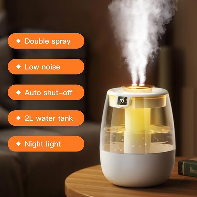Double Spray Air Humidifier for Bedroom, 2L Quiet Cool Mist Humidifier for - Image 2