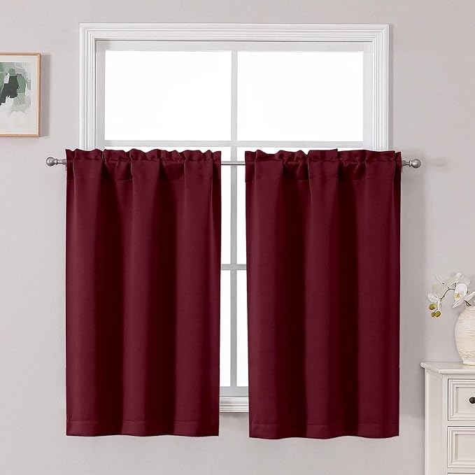 Chyhomenyc Short Burgundy Curtains 45 Inch Length, Small Kitchen Curtain Rod by Chyhomenyc