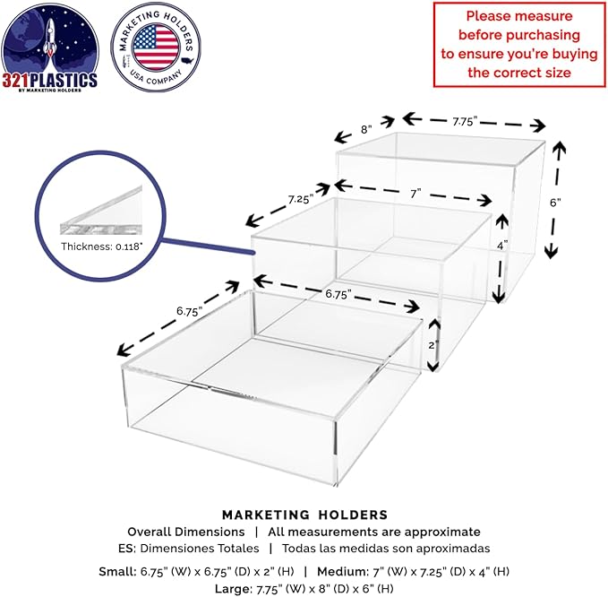 3 Piece Acrylic Display Boxes Retail Clear Product Riser 2" - Image 7