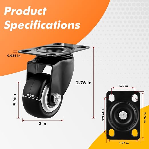2" Casters Set of 8 Heavy-Duty Industrial Caster Wheels Without Brake PU Wheels - Image 3