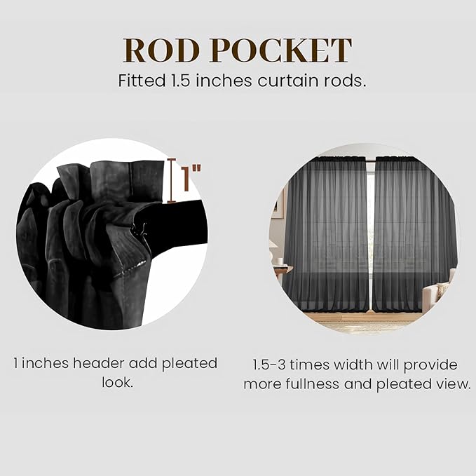 Dreaming Casa Solid Sheer Curtains 96 Inches Long Black Rod Pocket Voile - Image 2