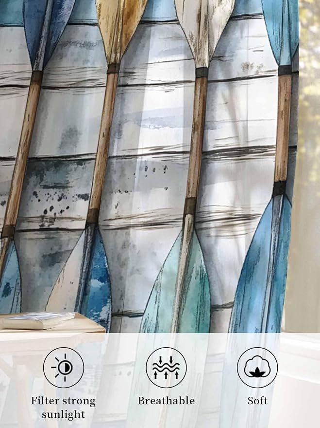 Sheer Curtains 54 Inch Length, Lake Paddle Striped Semi Sheer Curtains Light - Image 6