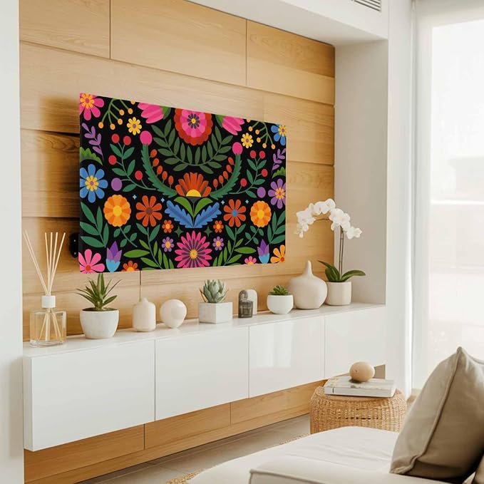 Abstract Boho Flower Floral on Black Indoor TV Cover, Elastic TV Screen - Image 3