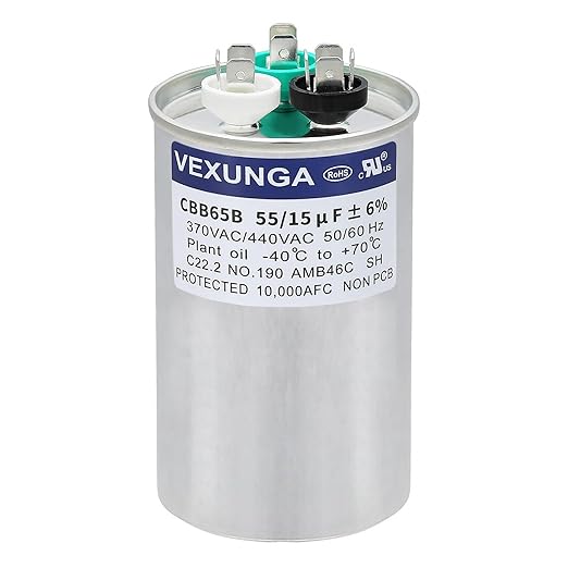 VEXUNGA 55/15 uF 55+15 MFD 370VAC or 440VAC Dual Run Start Round A/C Capacitor by VEXUNGA