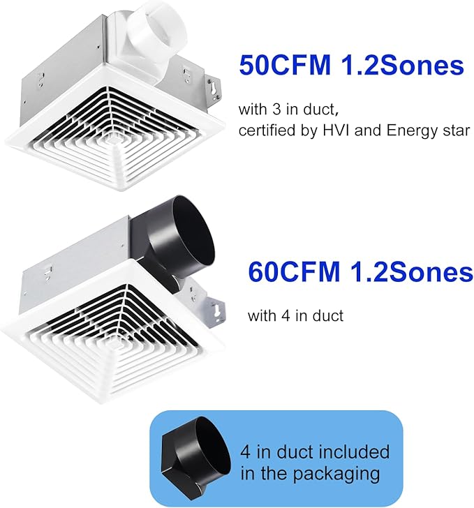 Bathroom Exhaust Fan 50 CFM, 1.2 Sone, 3&4-Inch Duct Included, No Attic Access - Image 2