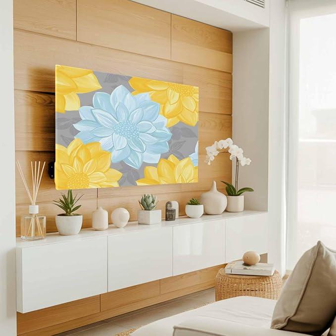 Blue Yellow Floral Abstract Style Indoor TV Cover, Elastic TV Screen Protector - Image 3