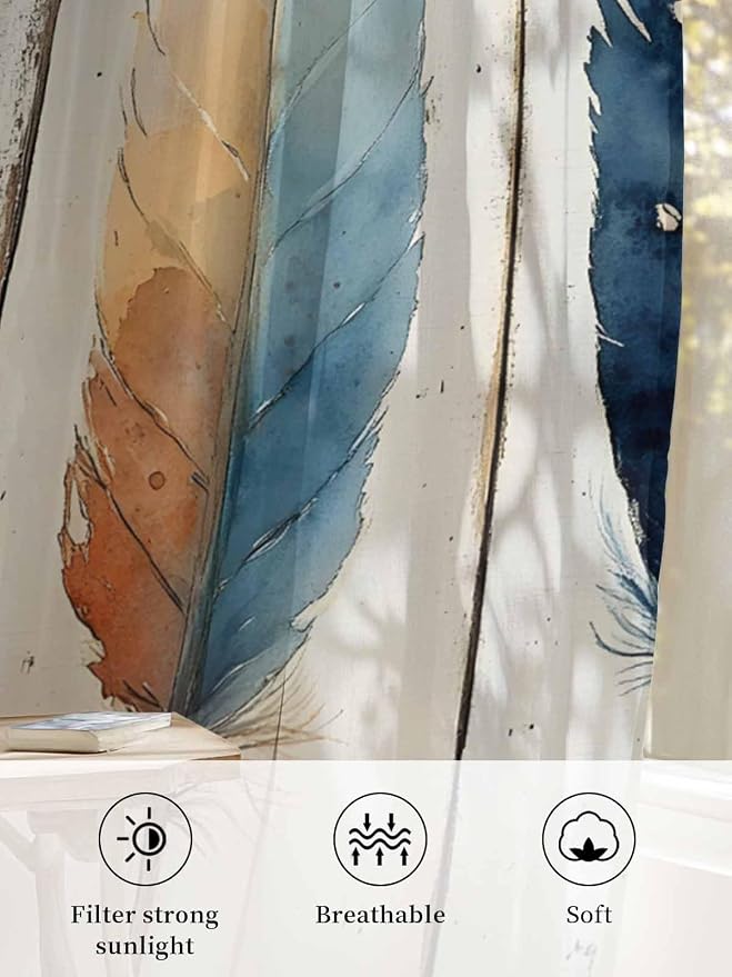 Sheer Curtains 84 Inches Long, Boho Ombre Vintage Wooden Grain Privacy Voile - Image 6
