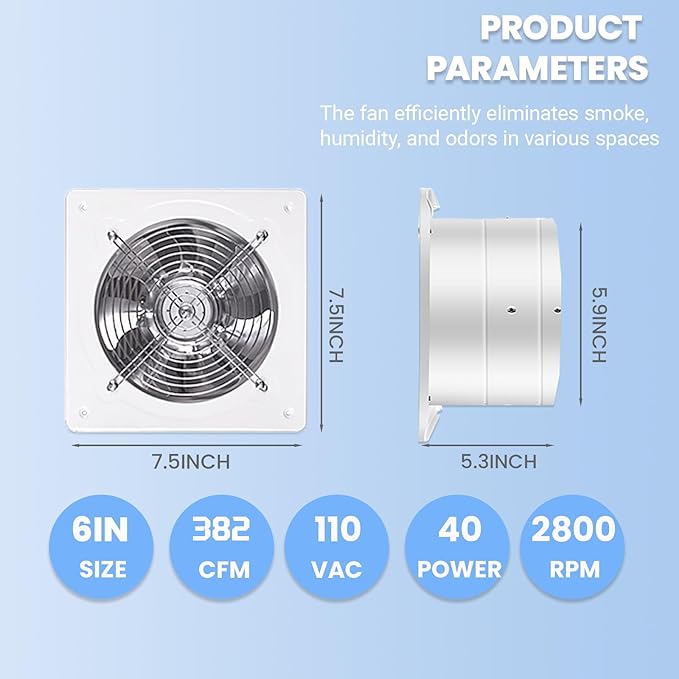 6 inch Exhaust Fan, 382CFM Wall Mounted Vent Fans, Ventilation Fan Bathroom - Image 3
