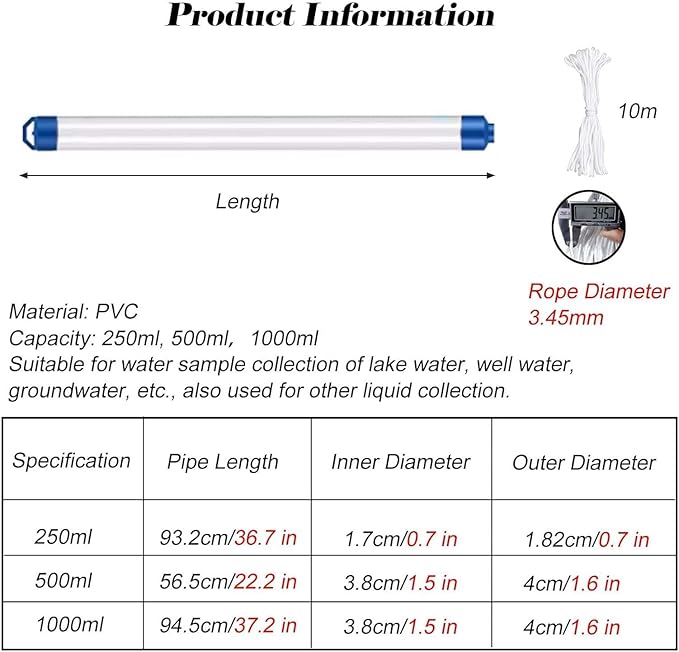 PVC Water Sampling Device, Lake Water Sample Collector 250 500 1000ml - Image 2
