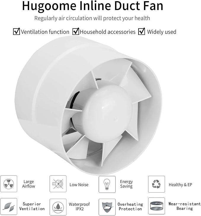 HUGOOME Inline Duct Fan 5 Inch Vent Booster, HVAC Exhaust Intake Fans 141 CFM - Image 6