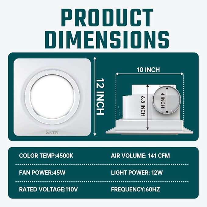 Bathroom Exhaust Fan with Light, 12 INCH, Upgraded Quiet Circular Vent Fans - Image 2