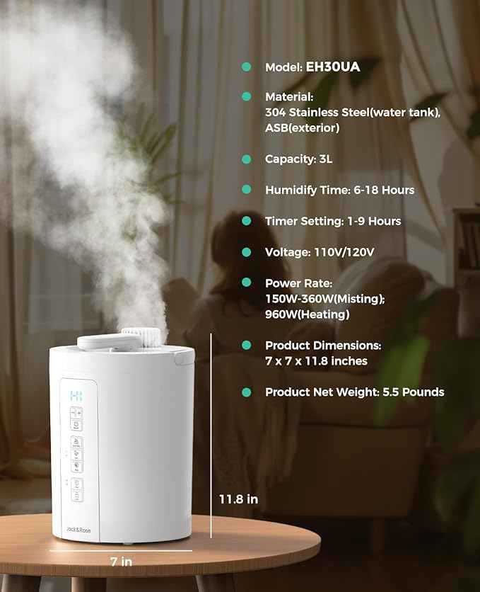 3L Stainless Steel Humidifier for Bedroom, Warm Mist Humidifiers Easy Clean - Image 8