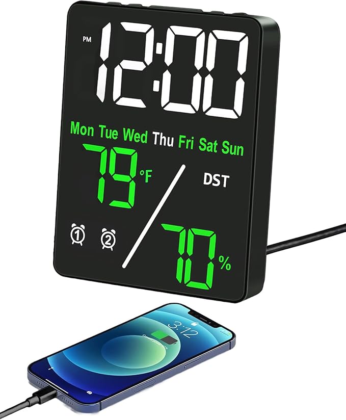 Digital LED Alarm Clock with Thermo-Hygrometer, Dual Alarms, Date & Year Display by Unknown