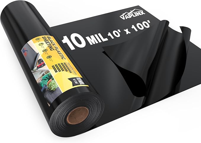 10 Mil Black Plastic Sheeting 10x100 FT – UV Protection Poly Sheeting by VAPLINX