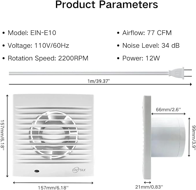 4 Inch Wall Mount Bathroom Exhaust Fan, Plug in Wall Exhaust Fan, 12W 77 CFM - Image 2
