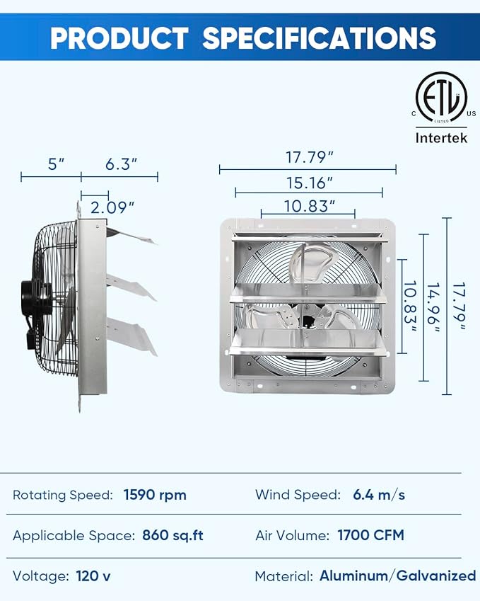 KEN BROWN 14 Inch Shutter Exhaust Fan, High Speed 1520CFM, Wall Mounted - Image 3