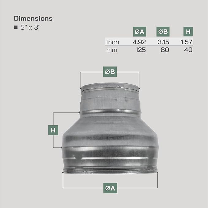 Vent Systems 5" Inch to 3" Inch Duct Reducer Adapter Connector Fitting Pipe - Image 2