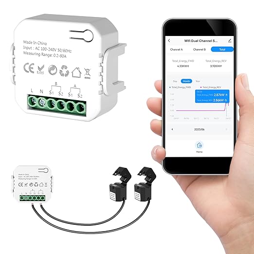 Smart Home Energy Monitor 2×80A, Dual-Channel Real-Time Electricity Usage by LyteSolar