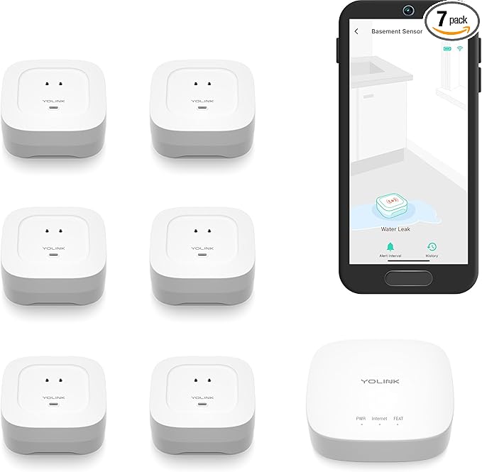 YoLink Water Leak Starter Kit: Hub + 6 Leak Sensor 4, LoRa Long-Range, by YoLink