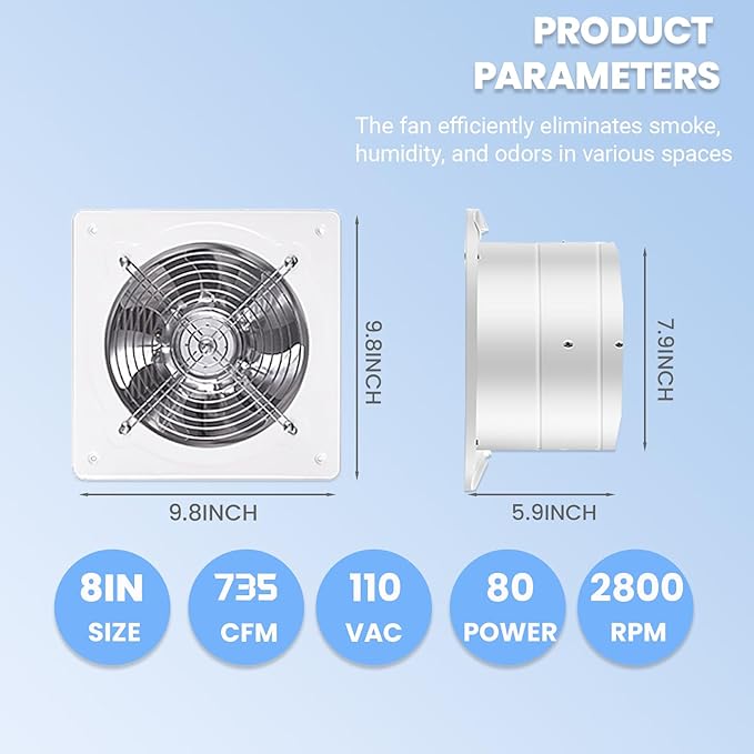 8 inch Exhaust Fan, 735CFM Wall Mounted Vent Fans, Ventilation Fan Bathroom - Image 3