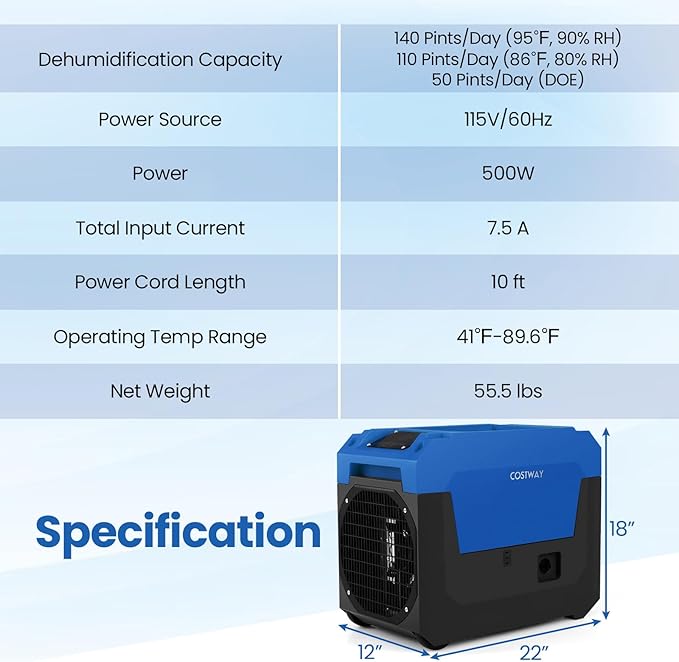 COSTWAY 140 Pints Commercial Dehumidifier - Image 8