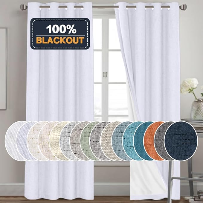 PrinceDeco White Blackout Curtains Linen Curtains 96 Inches Long 100% Blackout by PrinceDeco
