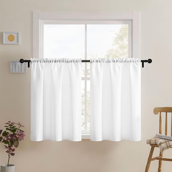 Home Queen White Waffle Bathroom Window Curtains, Water Repellent Rod Pocket - Image 8