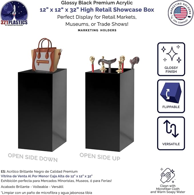 One Piece Acrylic Pedestal Art Stand Glossy Black Display No Lid 12" x 12" x - Image 2
