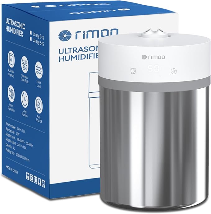 Stainless Steel Humidifier, 4L Ultrasonic Cool Mist Humidifiers by RIMOO