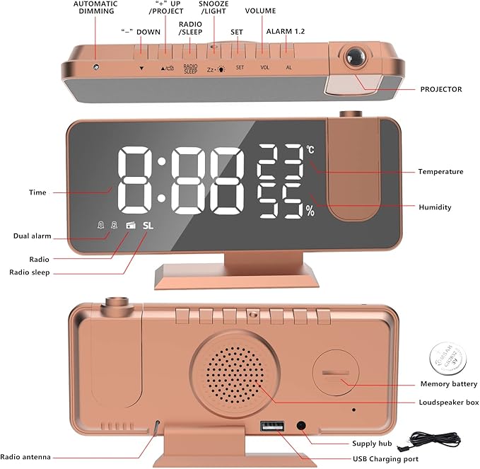 Projection Digital Alarm Clock for Bedrooms, Alarm Clock Radio on Ceiling - Image 5