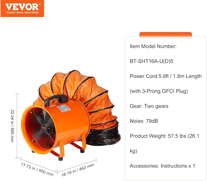 VEVOR 16 Inch Utility Blower Fan, 2 Speed 5175 CFM Heavy Duty Cylinder Axial - Image 4