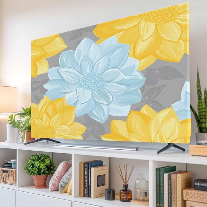 Blue Yellow Floral Abstract Style Indoor TV Cover, Elastic TV Screen Protector - Image 6
