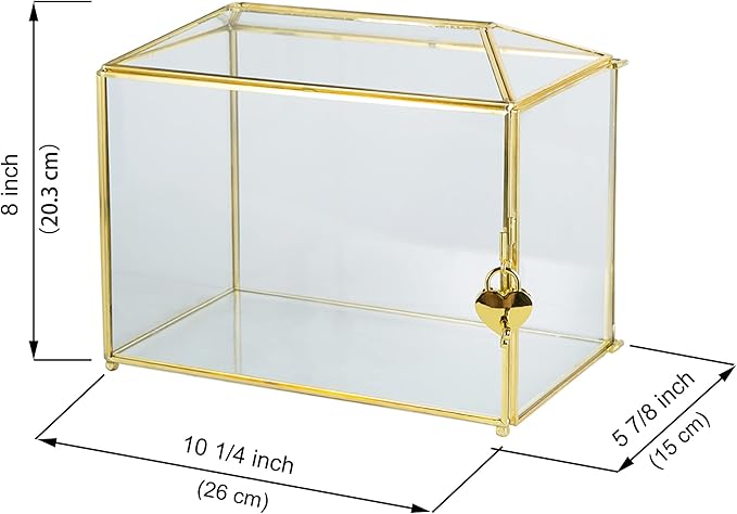 Glass Wedding Card Box with Slot, Large Clear Card Box 10.2 inch Gold Brass - Image 6