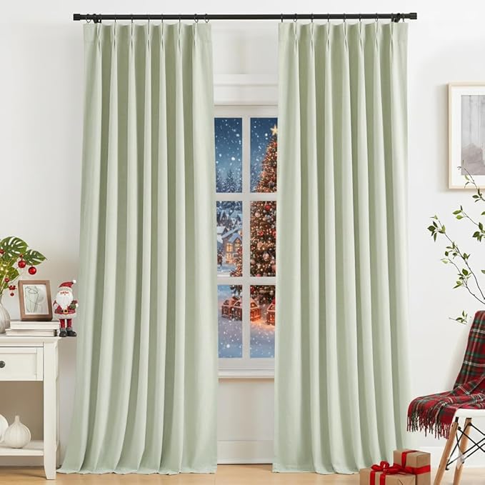 Kayne Studio Soft Green Pinch Pleated Full Blackout Curtains 102", Linen Blend - Image 9