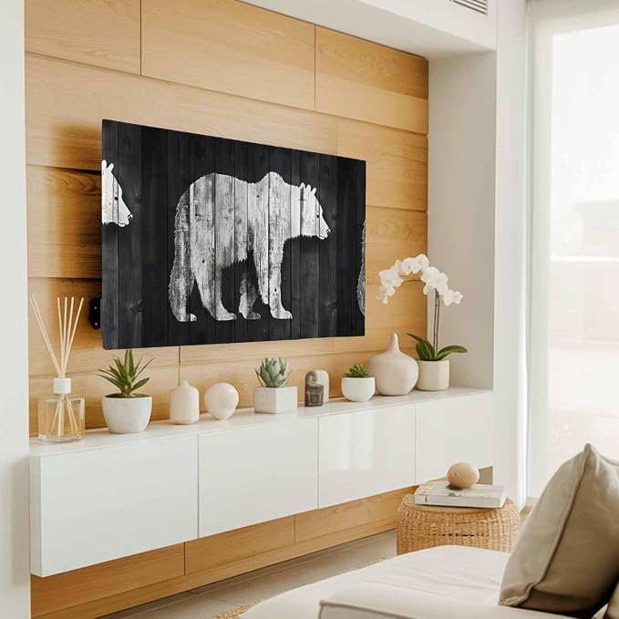 Brown Bear Silhouette Indoor TV Cover, Elastic TV Screen Protector Retro Wooden - Image 3