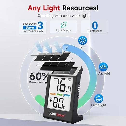 BaldrTherm Room Thermometer Indoor Humidity Meter, Solar-Powered 3.2'' Digital - Image 3