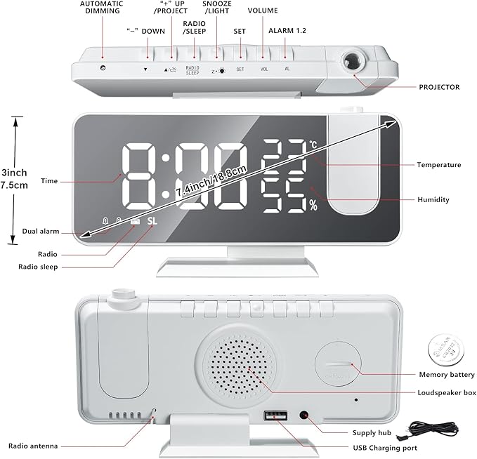 Projection Digital Alarm Clock for Bedrooms, Clock Radio on Ceiling, USB - Image 6