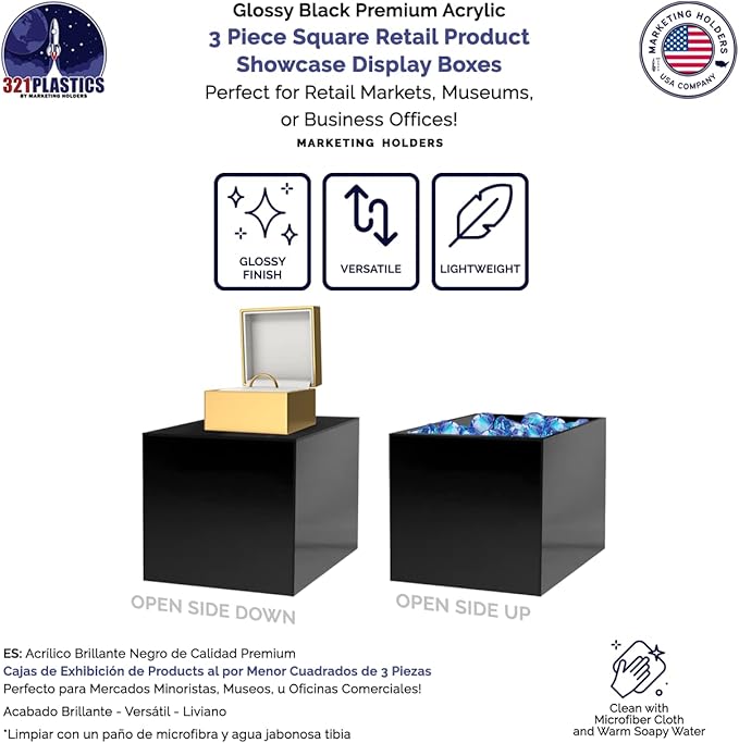 2 Pack Acrylic Display Riser Boxes 3 Piece No Lid Black Retail Product Riser 4" - Image 4