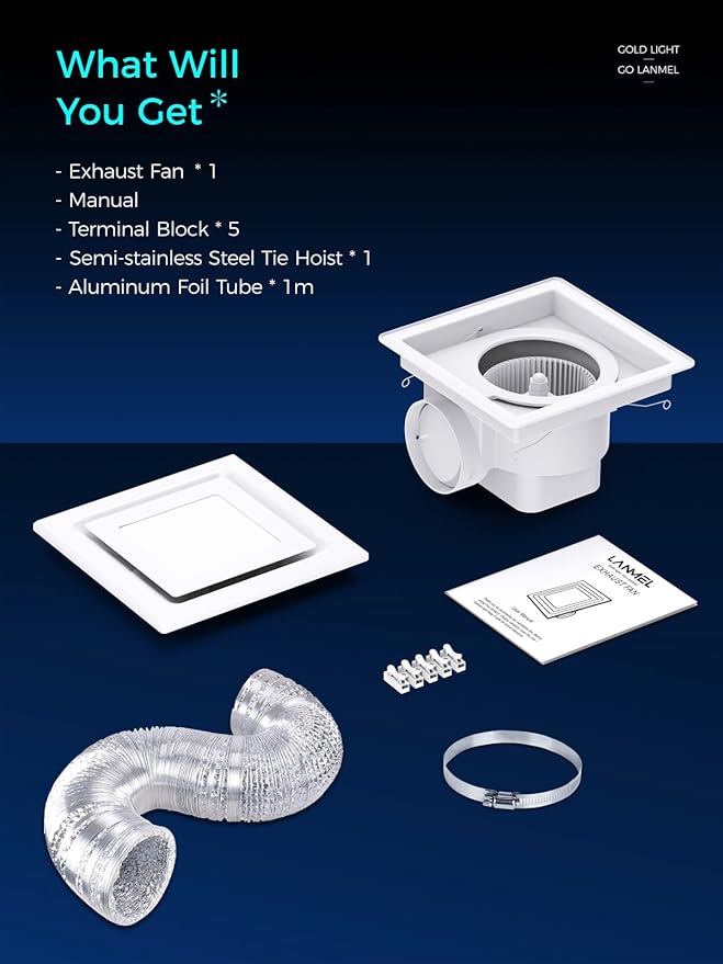Bathroom Exhaust Fan with Light, 112 CFM 1.0 Sones, Quiet Square Bath Fan Light - Image 6