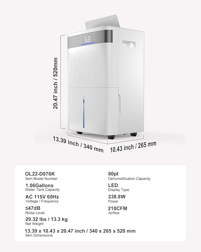 VEVOR 80 Pints Dehumidifier for Home & Basement, 4500 Sq.Ft Large Coverage - Image 7
