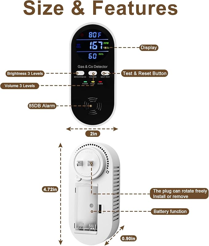 2 Packs Combination Gas Leak Detector & Carbon Monoxide Alarm, 5-in-1 Plug-in - Image 2