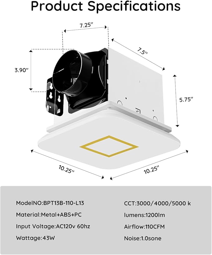 Fitop Bathroom Fan with Light, 110CFM 1.0 Sones 1200lm LED Light - Image 7